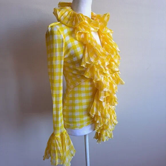 Roberto Cavalli Yellow Ruffle Sheer Silk Blouse Size 38 / XS - Picture 4 of 16